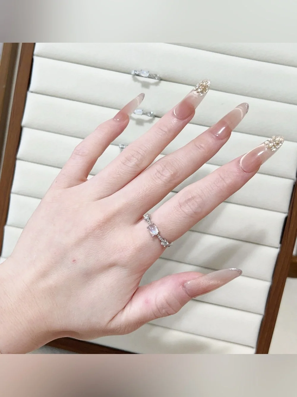 Natural Blue Moonstone Ring | Silver Plated Adjustable Open Ring | One Size